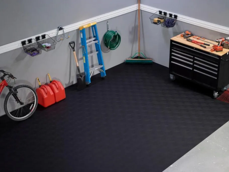 Black Levant surface garage flooring in a tidy garage workshop