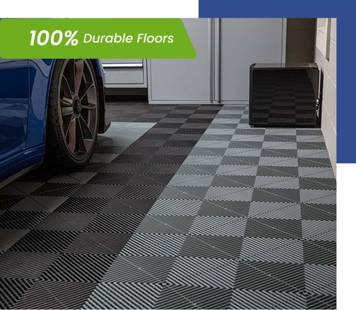 Black and gray diamond-pattern garage tiles.