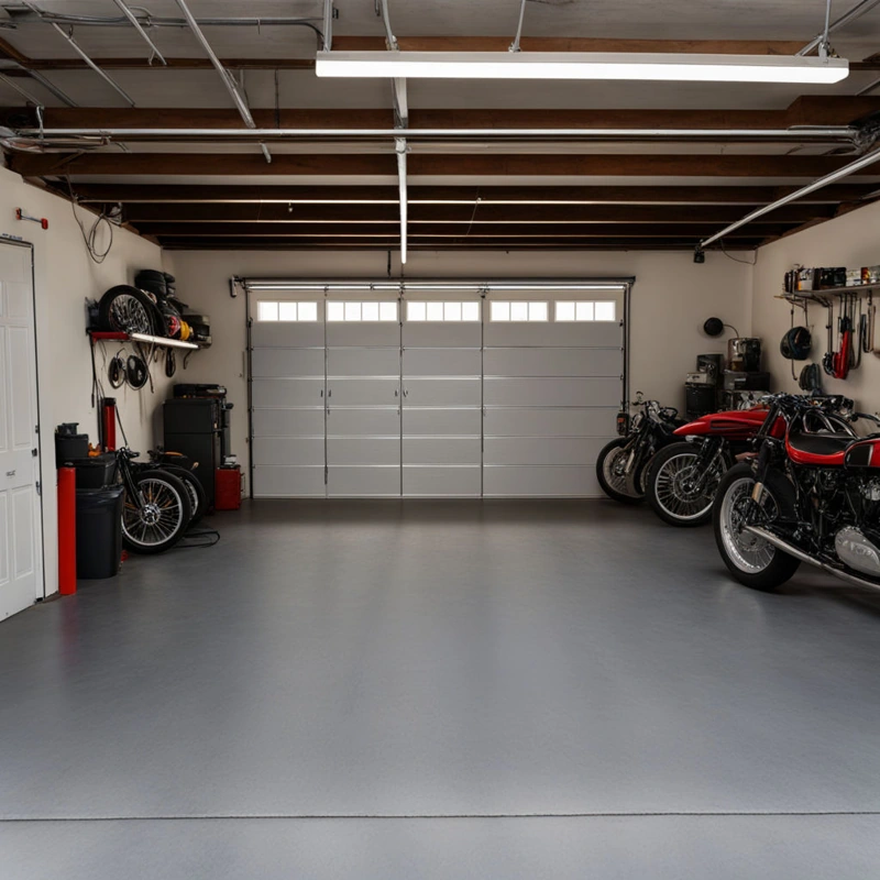 Large garage with motorcycles on smooth gray flooring