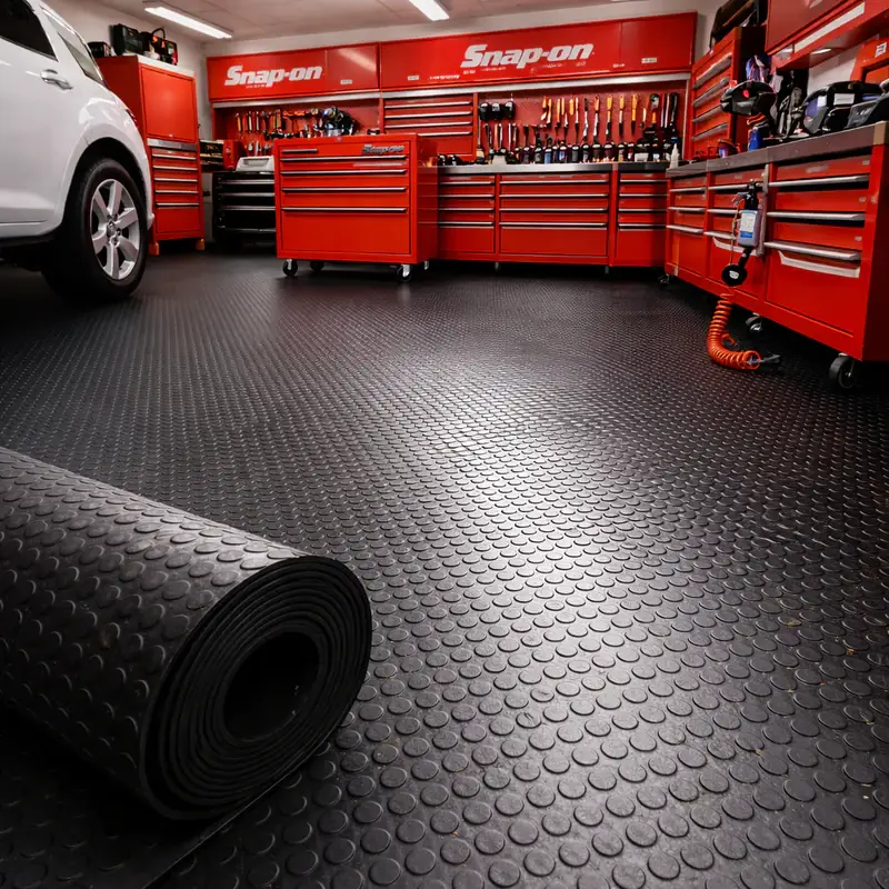Red Snap-on workshop with black coin-pattern floor mats