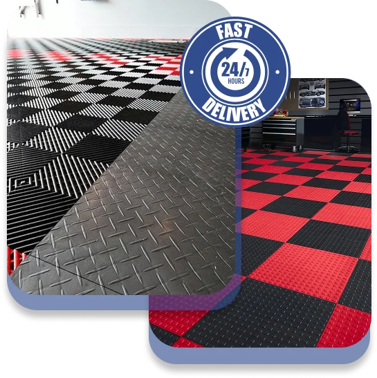 Red and black checkered garage tiles.