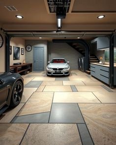 Modern garage with sleek floor and luxury cars