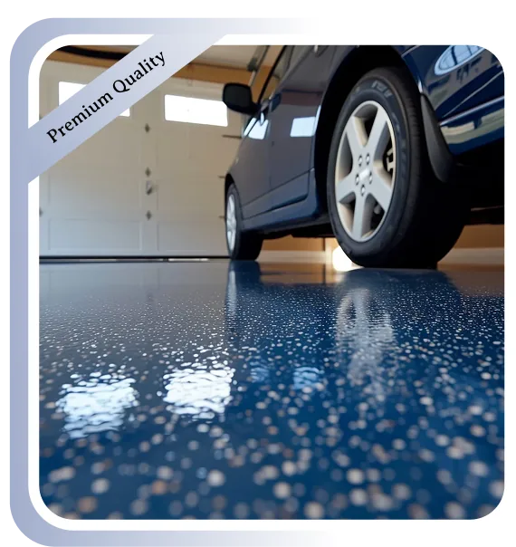 Blue epoxy garage floor with decorative flakes and a car