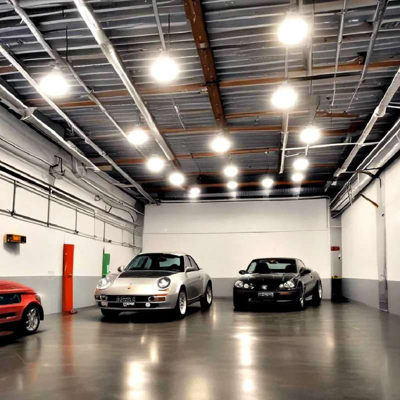 Shiny epoxy garage floor with classic cars parked inside a well-lit garage.
