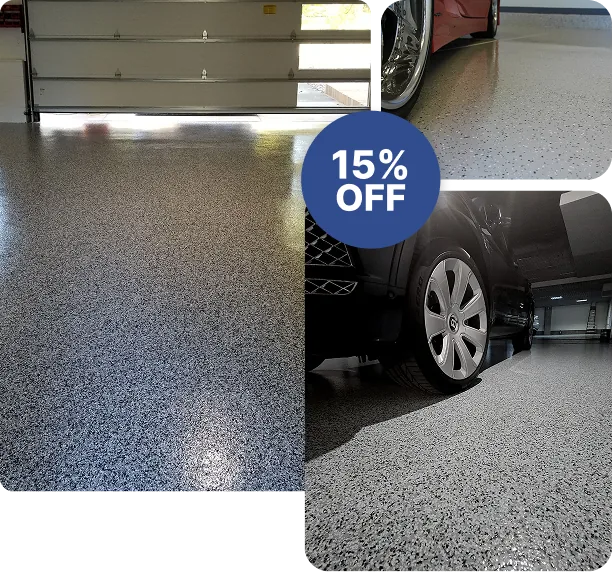 Epoxy garage flooring with metallic flakes, featuring a car and a 15% off discount.