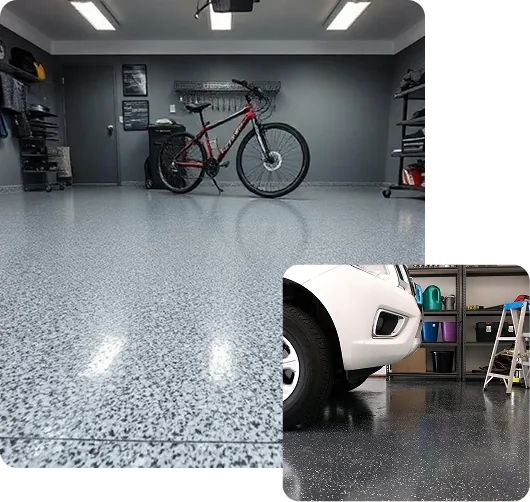 Epoxy garage flooring with a speckled grey and white finish, featuring a bicycle and car.