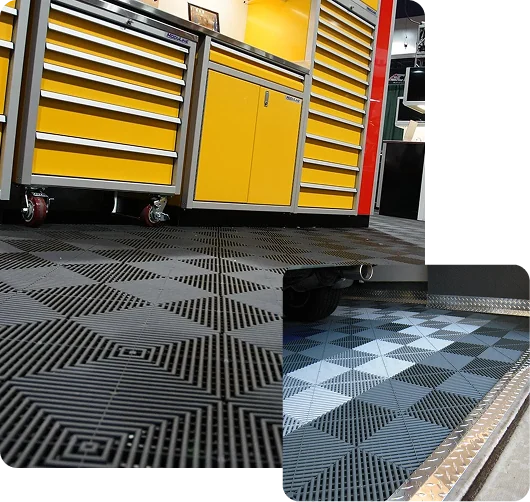 Yellow garage cabinets and interlocking PVC garage flooring tiles.