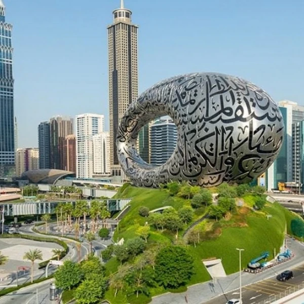 Museum of the Future in Dubai with Arabic calligraphy on its facade.