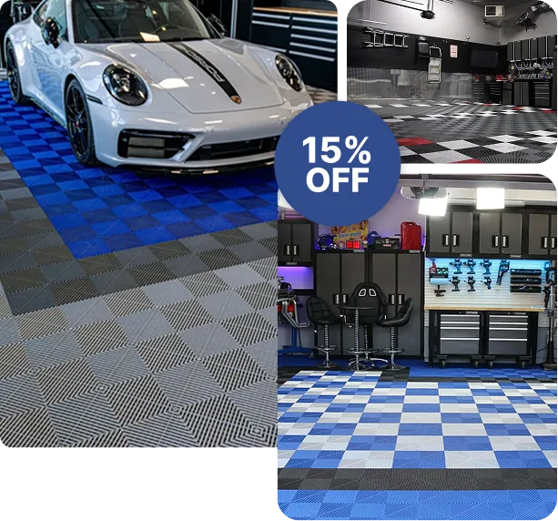 White Porsche on interlocking PVC garage flooring. 15% OFF!