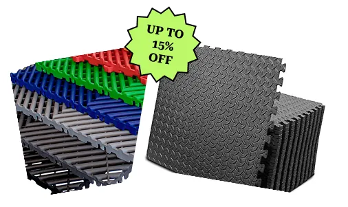 Interlocking PVC garage floor tiles in various colors and diamond plate style tiles with "UP TO 15% OFF" text.