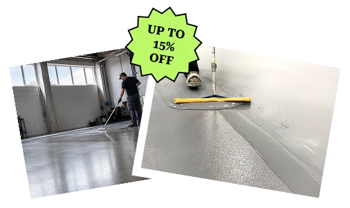 Workers applying epoxy floor coating with a roller and squeegee, offering up to 15% off.