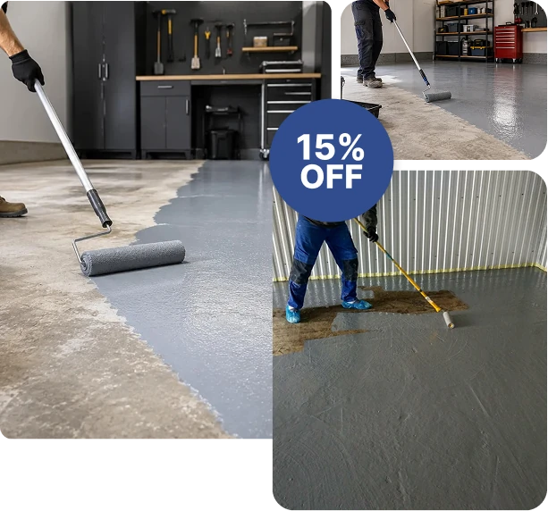Garage floor epoxy painting with roller, 15% off sale