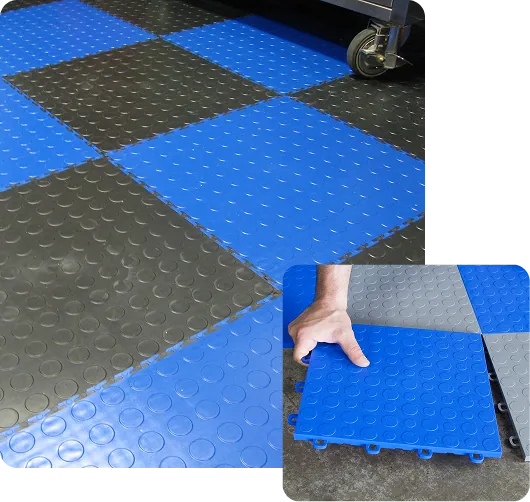 Garage Flooring Tiles 5 Blue and black interlocking garage flooring tiles with coin pattern.