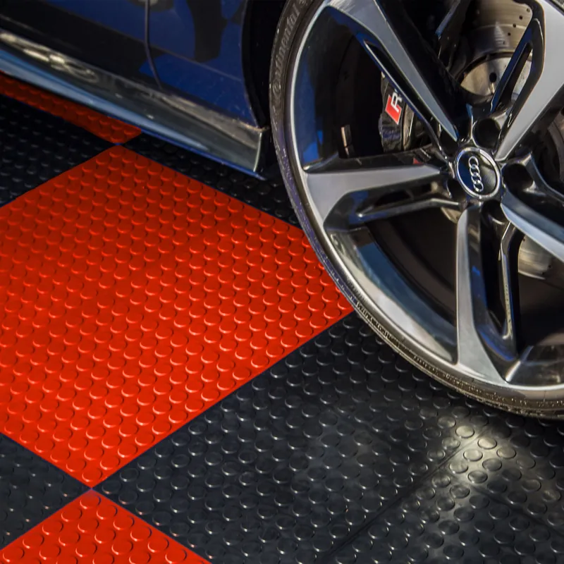 Garage Flooring Tiles 69 Red and black garage flooring tiles with a car wheel